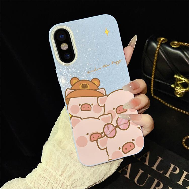 For iPhone XS / X Pink Pig Pattern IMD Glitter PC Hybrid TPU Phone Case