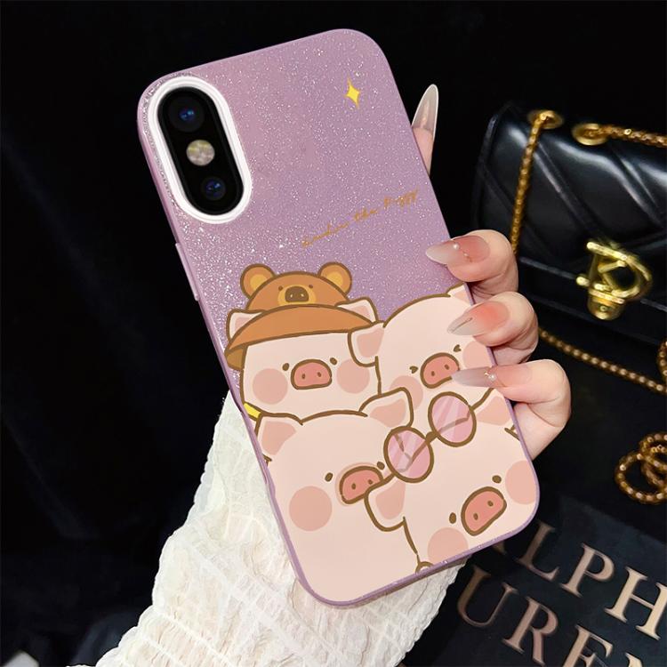 For iPhone XS / X Pink Pig Pattern IMD Glitter PC Hybrid TPU Phone Case