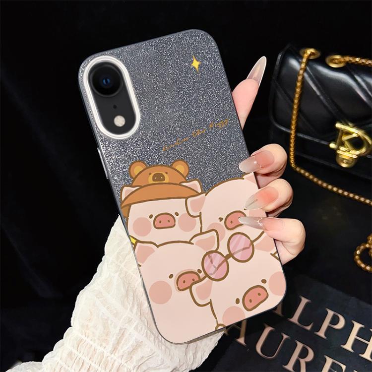 For iPhone XR Pink Pig Pattern IMD Glitter PC Hybrid TPU Phone Case