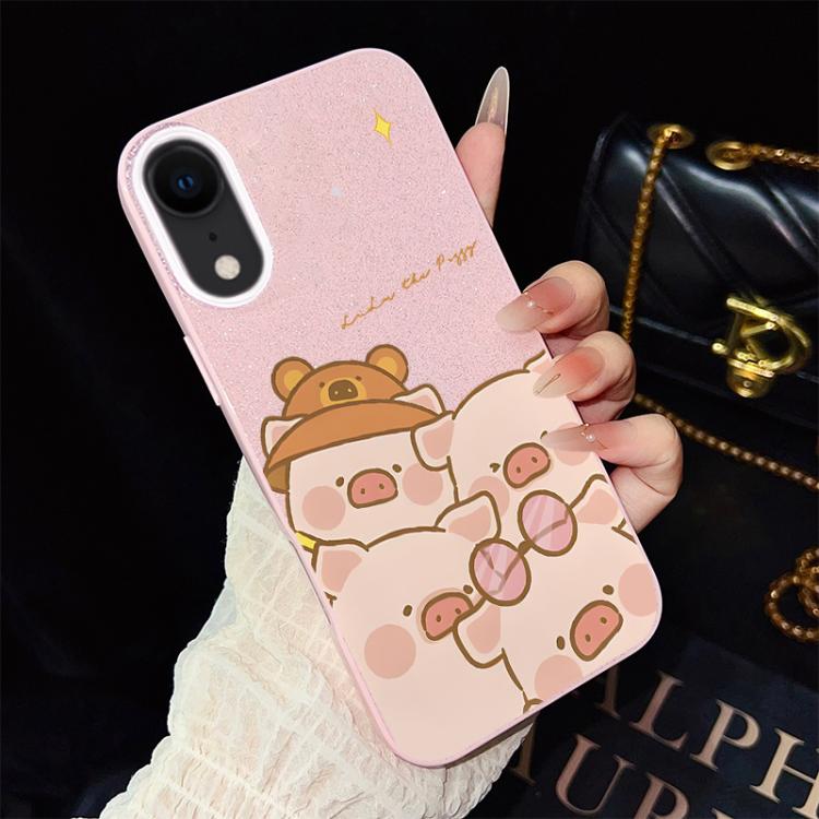 For iPhone XR Pink Pig Pattern IMD Glitter PC Hybrid TPU Phone Case