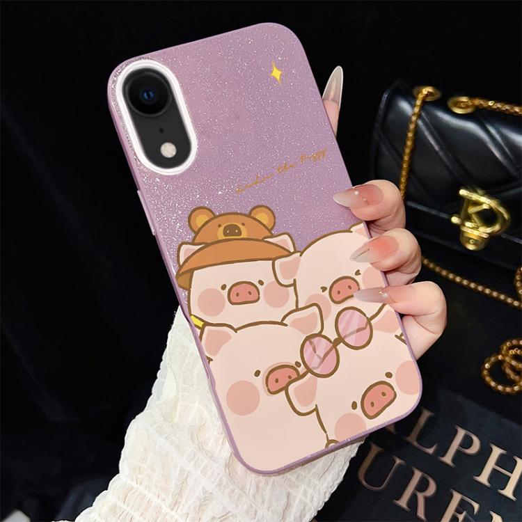 For iPhone XR Pink Pig Pattern IMD Glitter PC Hybrid TPU Phone Case