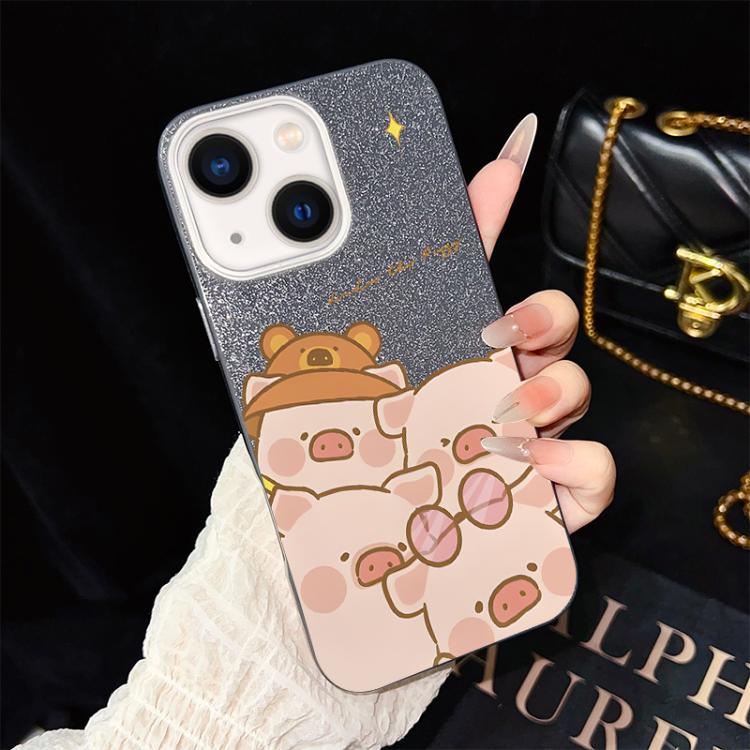 For iPhone 13 Pink Pig Pattern IMD Glitter PC Hybrid TPU Phone Case