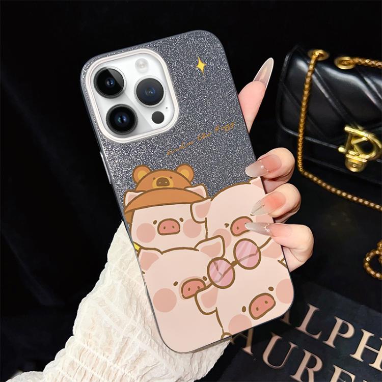 For iPhone 13 Pro Max Pink Pig Pattern IMD Glitter PC Hybrid TPU Phone Case