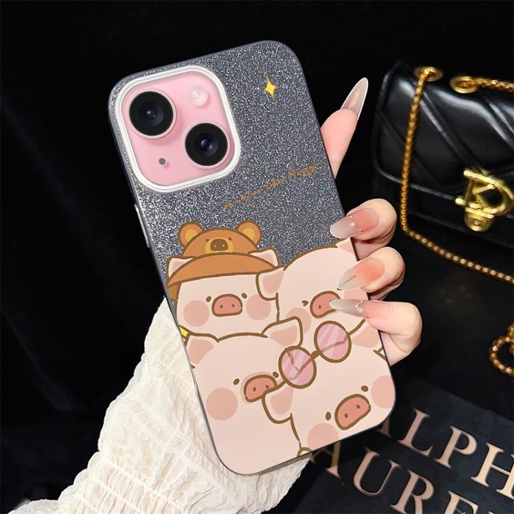 For iPhone 15 Pink Pig Pattern IMD Glitter PC Hybrid TPU Phone Case