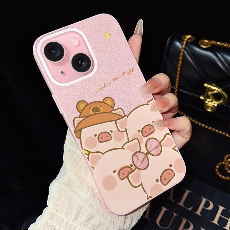 For iPhone 15 Plus Pink Pig Pattern IMD Glitter PC Hybrid TPU Phone Case