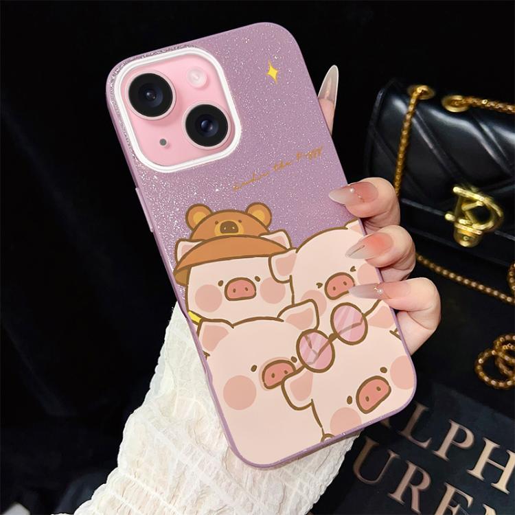 For iPhone 15 Plus Pink Pig Pattern IMD Glitter PC Hybrid TPU Phone Case