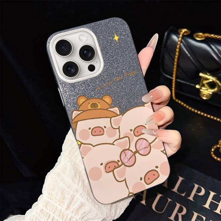 For iPhone 15 Pro Pink Pig Pattern IMD Glitter PC Hybrid TPU Phone Case