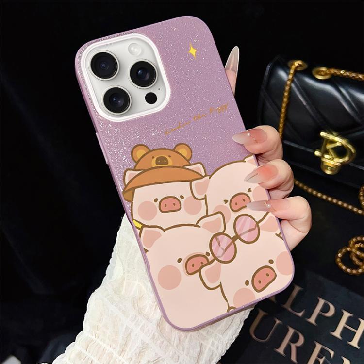 For iPhone 15 Pro Max Pink Pig Pattern IMD Glitter PC Hybrid TPU Phone Case