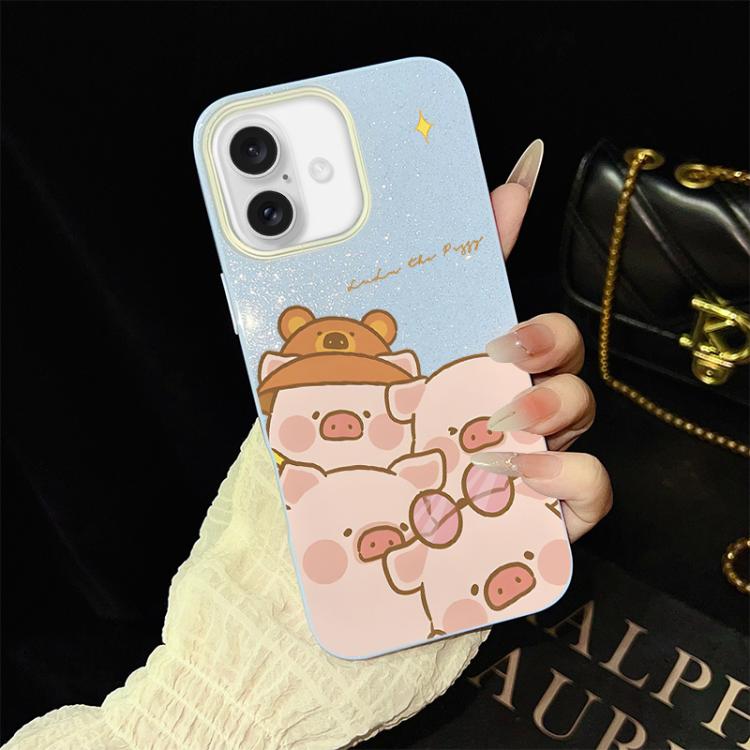 For iPhone 16 Pink Pig Pattern IMD Glitter PC Hybrid TPU Phone Case