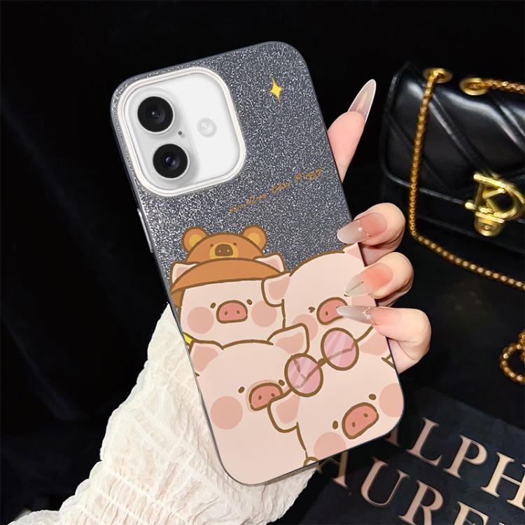 For iPhone 16 Plus Pink Pig Pattern IMD Glitter PC Hybrid TPU Phone Case