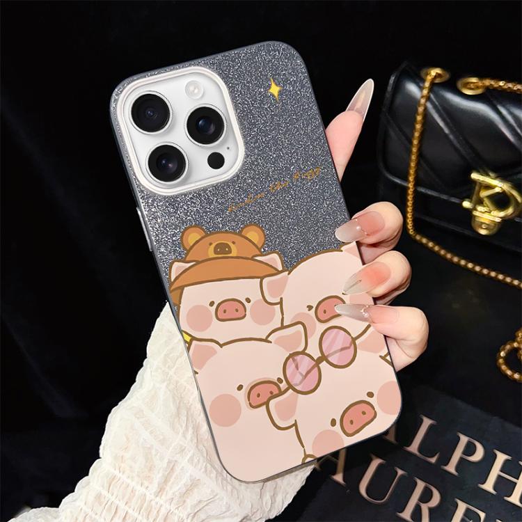 For iPhone 16 Pro Pink Pig Pattern IMD Glitter PC Hybrid TPU Phone Case
