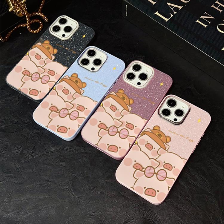 For iPhone 14 Pro Pink Pig Pattern IMD Glitter PC Hybrid TPU Phone Case