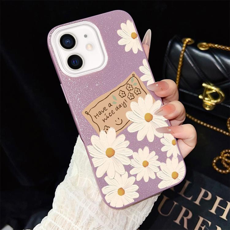 For iPhone 12 Chrysanthemum Pattern IMD Glitter PC Hybrid TPU Phone Case