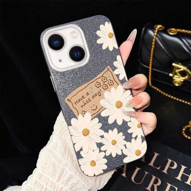 For iPhone 14 Chrysanthemum Pattern IMD Glitter PC Hybrid TPU Phone Case