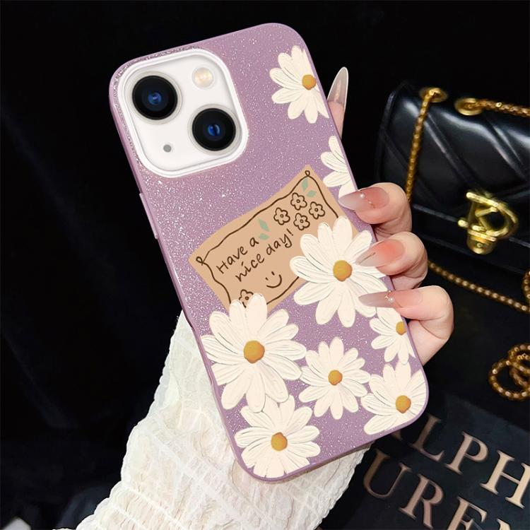 For iPhone 14 Plus Chrysanthemum Pattern IMD Glitter PC Hybrid TPU Phone Case