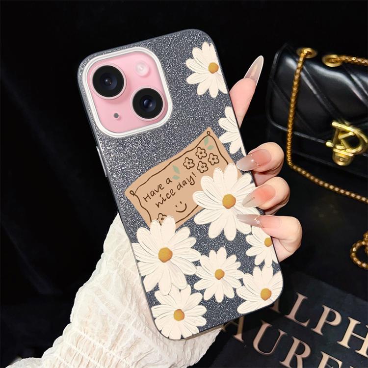 For iPhone 15 Plus Chrysanthemum Pattern IMD Glitter PC Hybrid TPU Phone Case