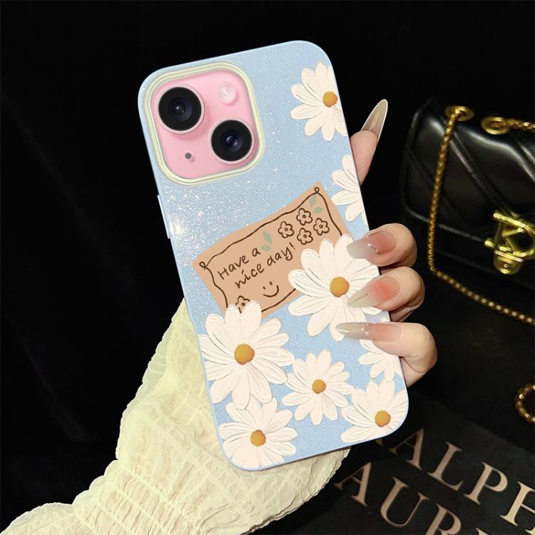 For iPhone 15 Plus Chrysanthemum Pattern IMD Glitter PC Hybrid TPU Phone Case