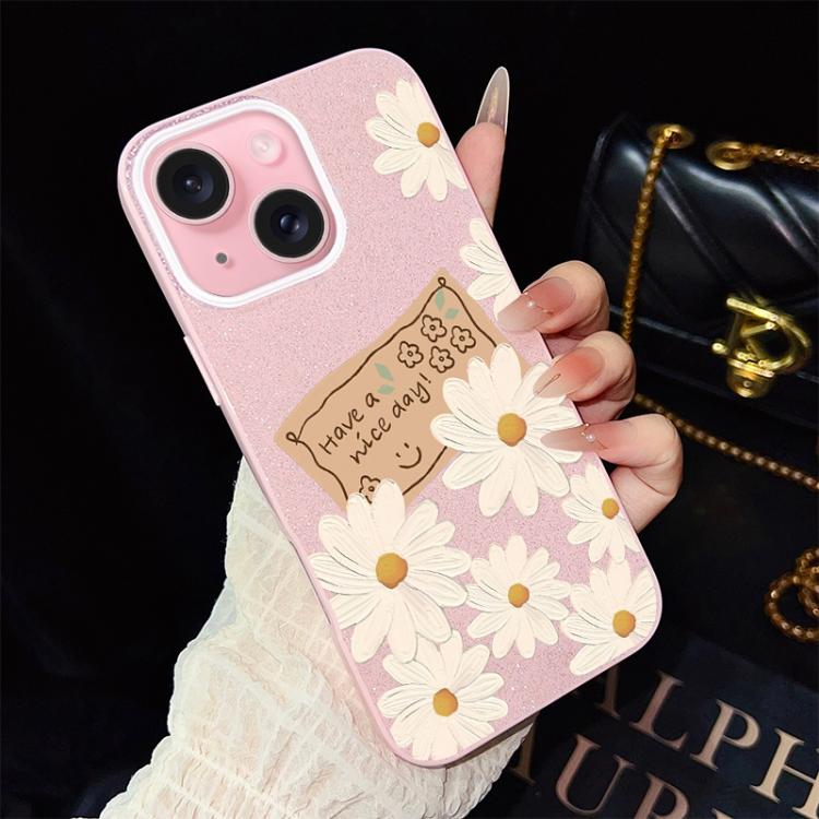 For iPhone 15 Plus Chrysanthemum Pattern IMD Glitter PC Hybrid TPU Phone Case