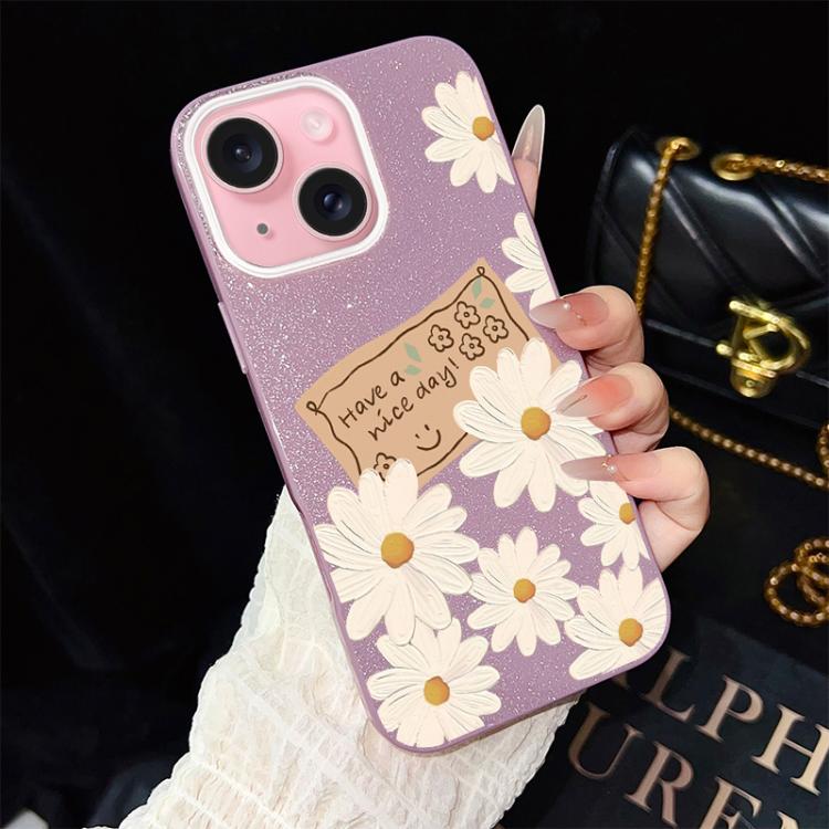 For iPhone 15 Plus Chrysanthemum Pattern IMD Glitter PC Hybrid TPU Phone Case