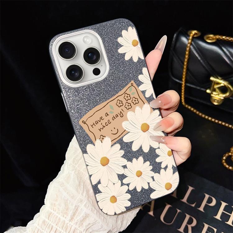 For iPhone 15 Pro Chrysanthemum Pattern IMD Glitter PC Hybrid TPU Phone Case