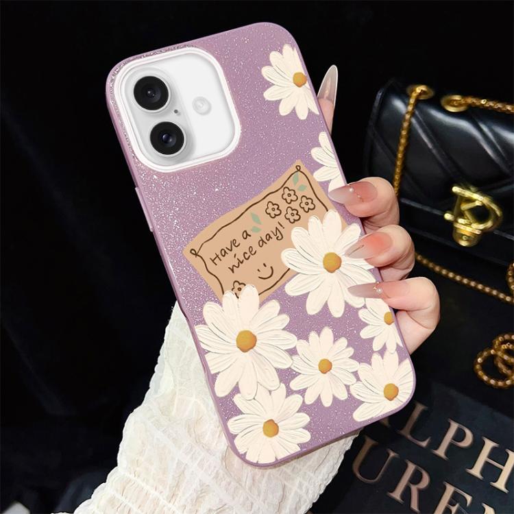 For iPhone 16 Chrysanthemum Pattern IMD Glitter PC Hybrid TPU Phone Case