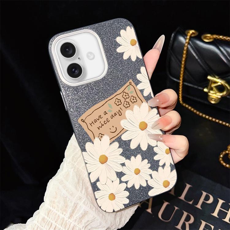For iPhone 16 Plus Chrysanthemum Pattern IMD Glitter PC Hybrid TPU Phone Case