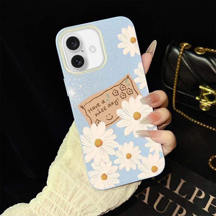 For iPhone 16 Plus Chrysanthemum Pattern IMD Glitter PC Hybrid TPU Phone Case
