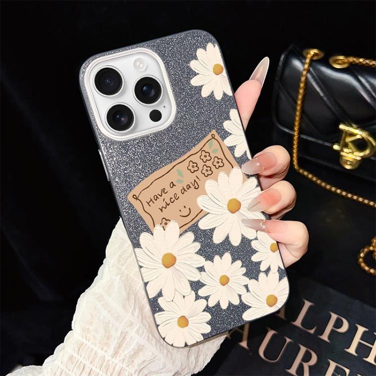 For iPhone 16 Pro Max Chrysanthemum Pattern IMD Glitter PC Hybrid TPU Phone Case