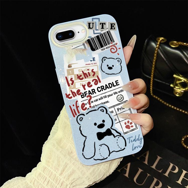 For iPhone 8 Plus / 7 Plus Newspaper Bear Pattern IMD Glitter PC Hybrid TPU Phone Case
