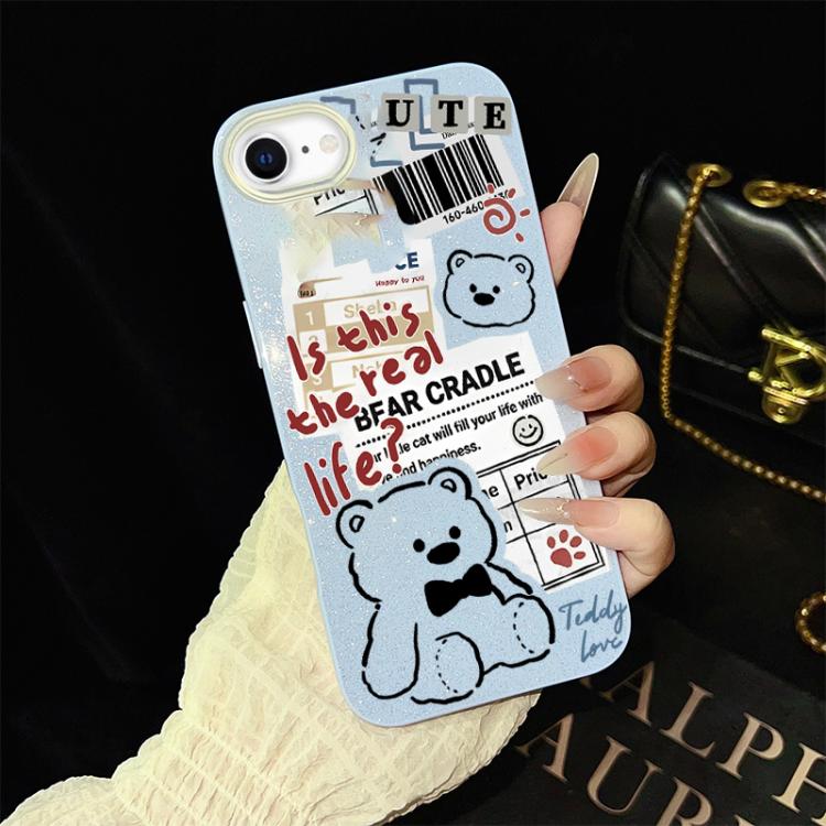 For iPhone SE 2022 / SE 2020 Newspaper Bear Pattern IMD Glitter PC Hybrid TPU Phone Case