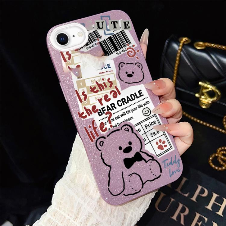 For iPhone SE 2022 / SE 2020 Newspaper Bear Pattern IMD Glitter PC Hybrid TPU Phone Case