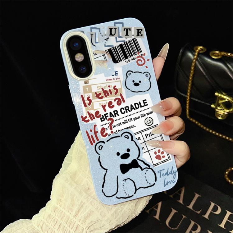 For iPhone XS / X Newspaper Bear Pattern IMD Glitter PC Hybrid TPU Phone Case