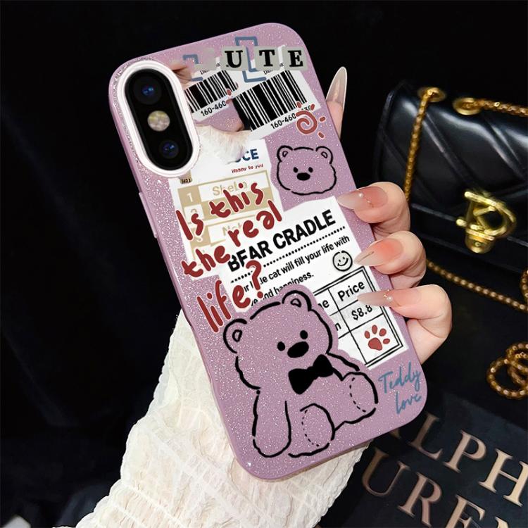 For iPhone XS / X Newspaper Bear Pattern IMD Glitter PC Hybrid TPU Phone Case