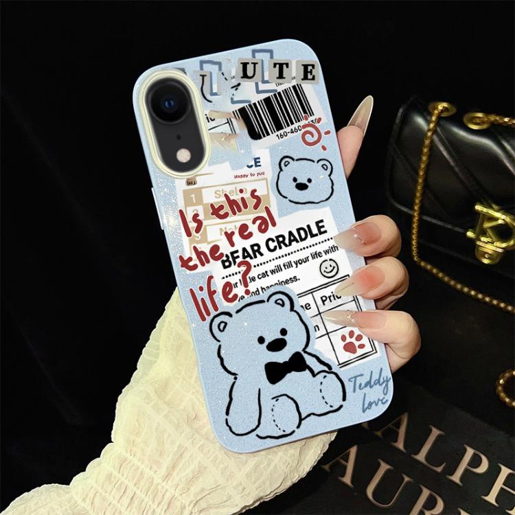 For iPhone XR Newspaper Bear Pattern IMD Glitter PC Hybrid TPU Phone Case
