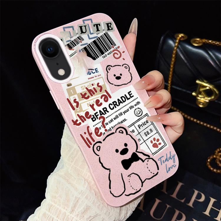 For iPhone XR Newspaper Bear Pattern IMD Glitter PC Hybrid TPU Phone Case
