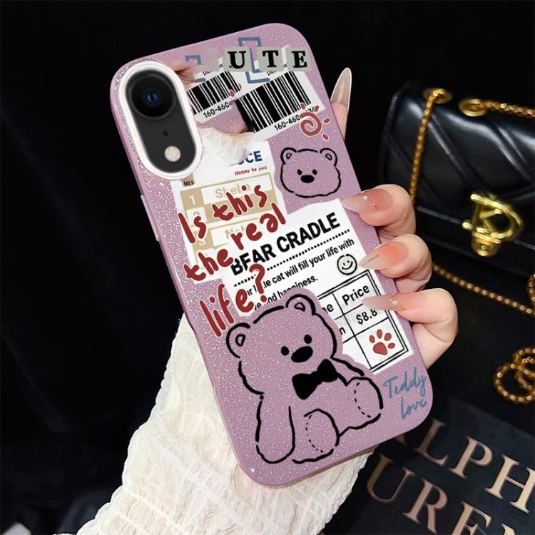 For iPhone XR Newspaper Bear Pattern IMD Glitter PC Hybrid TPU Phone Case