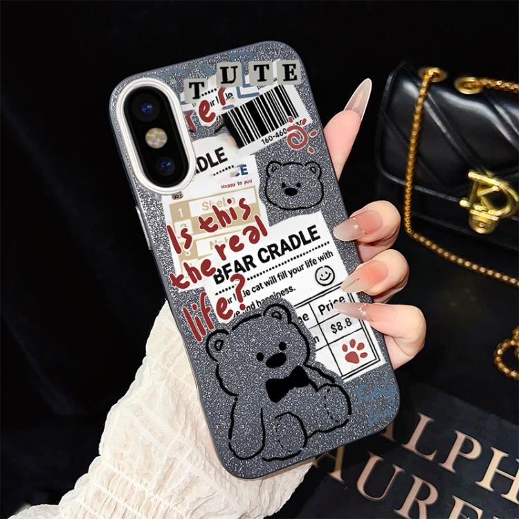 For iPhone XS Max Newspaper Bear Pattern IMD Glitter PC Hybrid TPU Phone Case