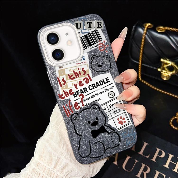 For iPhone 11 Newspaper Bear Pattern IMD Glitter PC Hybrid TPU Phone Case