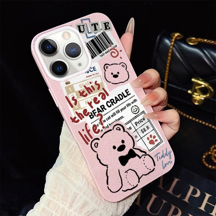 For iPhone 11 Pro Max Newspaper Bear Pattern IMD Glitter PC Hybrid TPU Phone Case