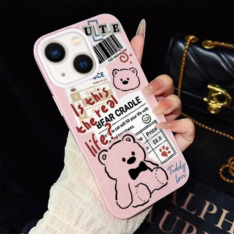 For iPhone 13 Newspaper Bear Pattern IMD Glitter PC Hybrid TPU Phone Case