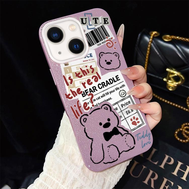 For iPhone 13 Newspaper Bear Pattern IMD Glitter PC Hybrid TPU Phone Case