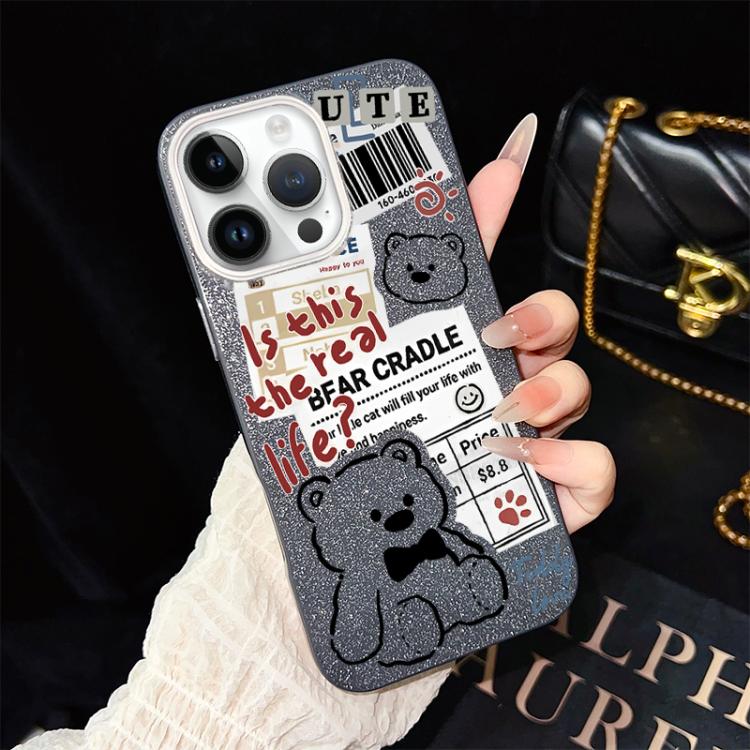 For iPhone 13 Pro Newspaper Bear Pattern IMD Glitter PC Hybrid TPU Phone Case