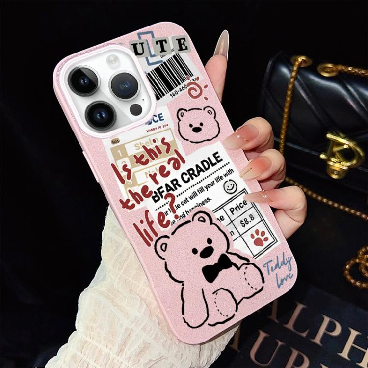 For iPhone 13 Pro Newspaper Bear Pattern IMD Glitter PC Hybrid TPU Phone Case