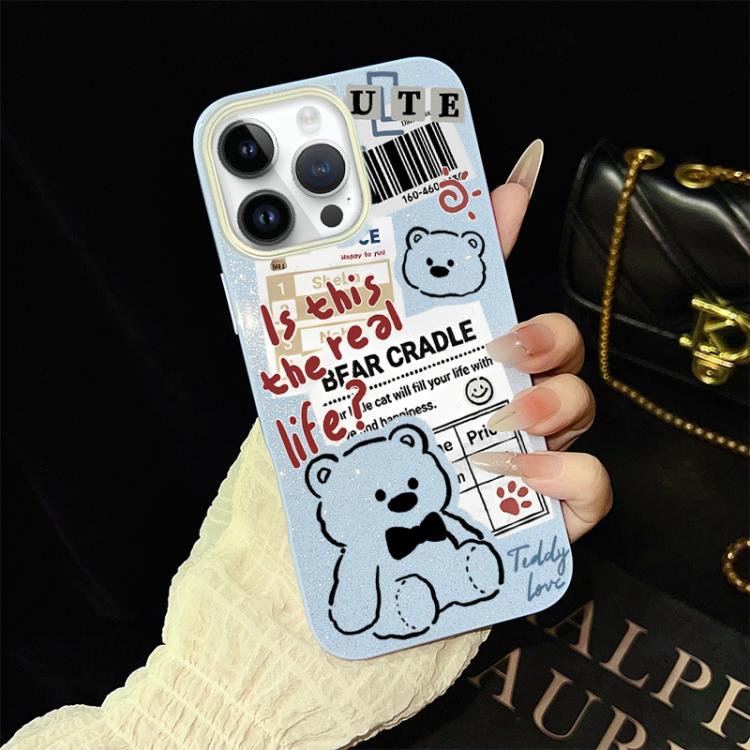 For iPhone 13 Pro Max Newspaper Bear Pattern IMD Glitter PC Hybrid TPU Phone Case
