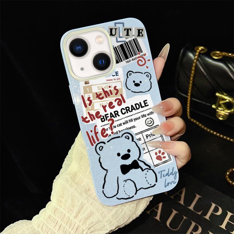 For iPhone 14 Newspaper Bear Pattern IMD Glitter PC Hybrid TPU Phone Case