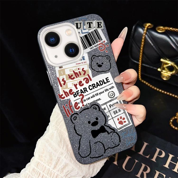 For iPhone 14 Plus Newspaper Bear Pattern IMD Glitter PC Hybrid TPU Phone Case