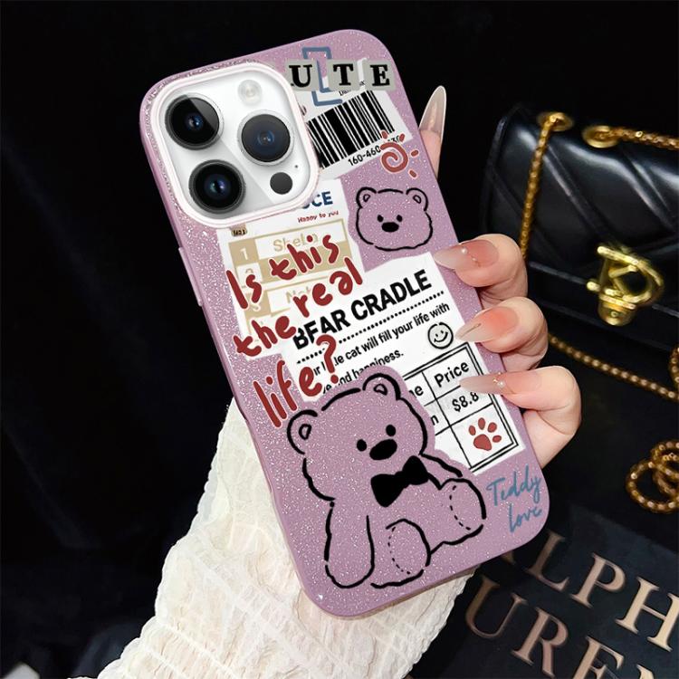 For iPhone 14 Pro Max Newspaper Bear Pattern IMD Glitter PC Hybrid TPU Phone Case