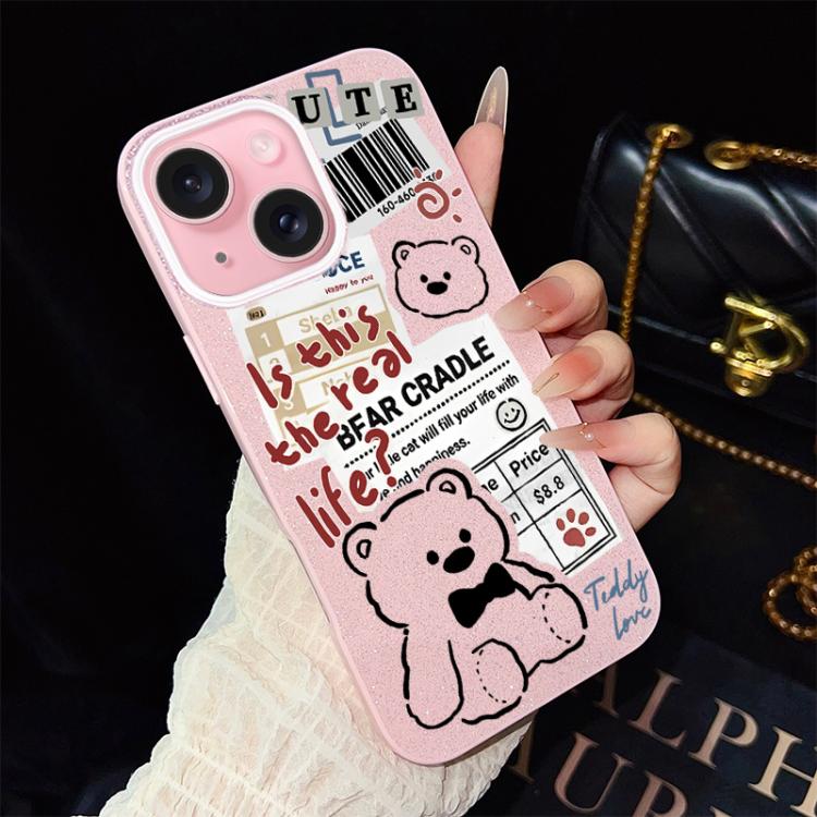 For iPhone 15 Newspaper Bear Pattern IMD Glitter PC Hybrid TPU Phone Case
