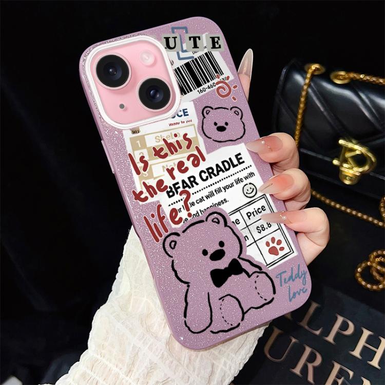 For iPhone 15 Newspaper Bear Pattern IMD Glitter PC Hybrid TPU Phone Case