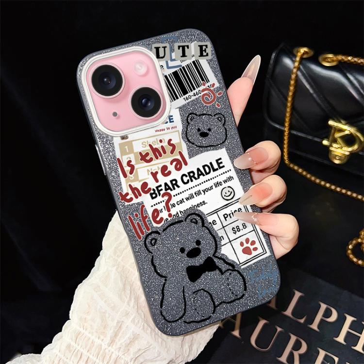 For iPhone 15 Plus Newspaper Bear Pattern IMD Glitter PC Hybrid TPU Phone Case